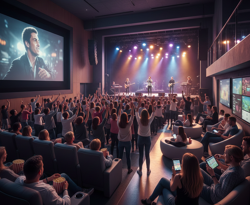 Concert audience enjoying live music, vibrant stage lighting, large screen, and relaxed seating with tablets and popcorn