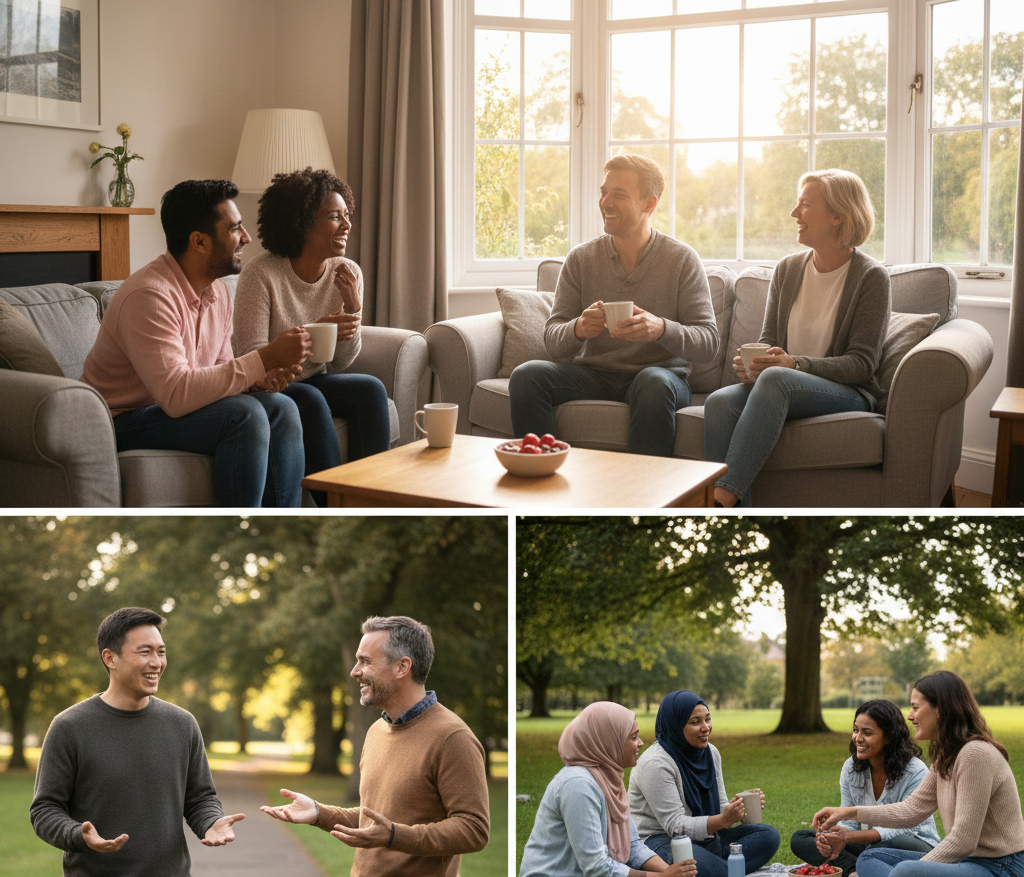 Groups of people enjoying coffee and conversation indoors and outdoors in cosy settings