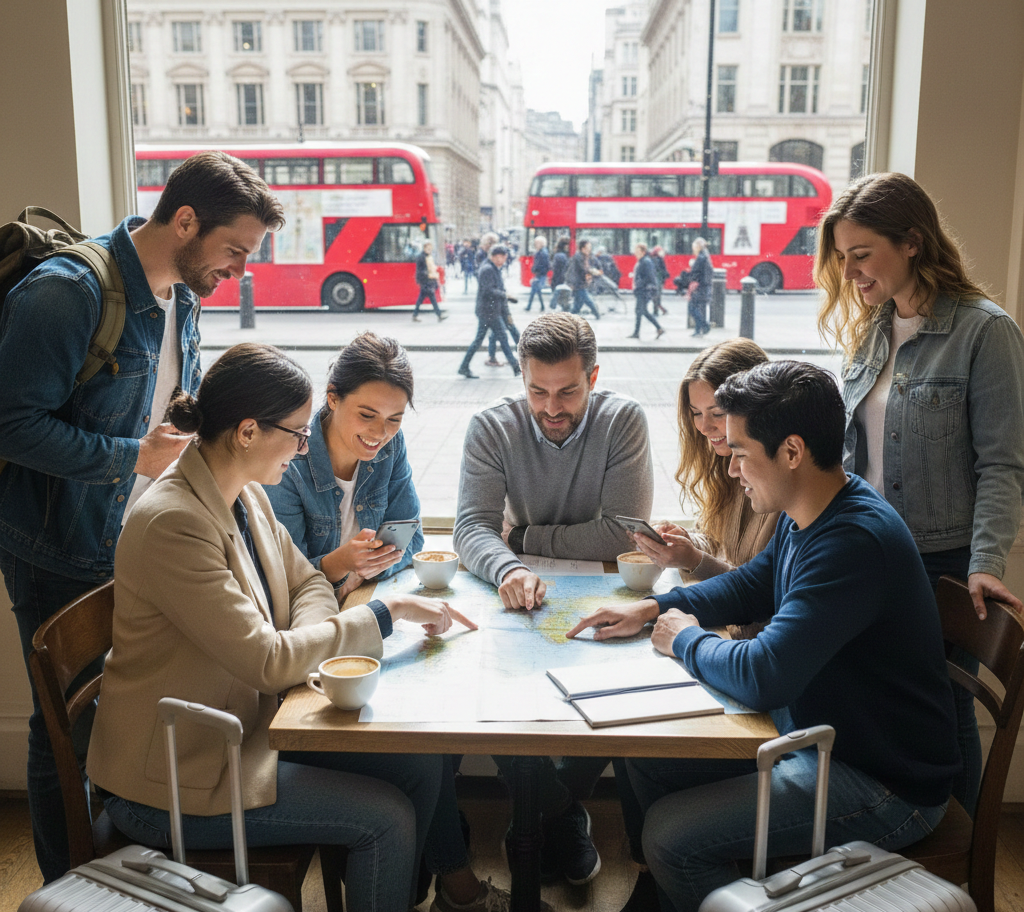 Group of friends planning London trip with map and coffee indoors, iconic red double-decker buses visible through window