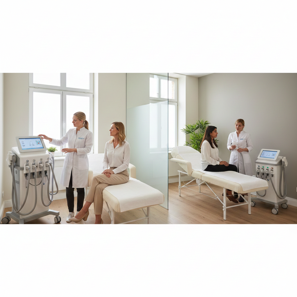 Clinic staff demonstrating aesthetic treatment equipment to patients in a modern consultation room