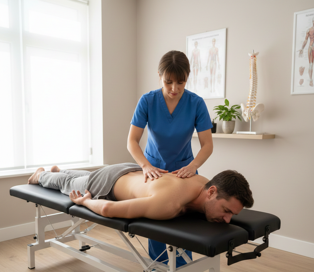 Physiotherapist massages man's back in clinic therapy room with anatomy charts and spine model
