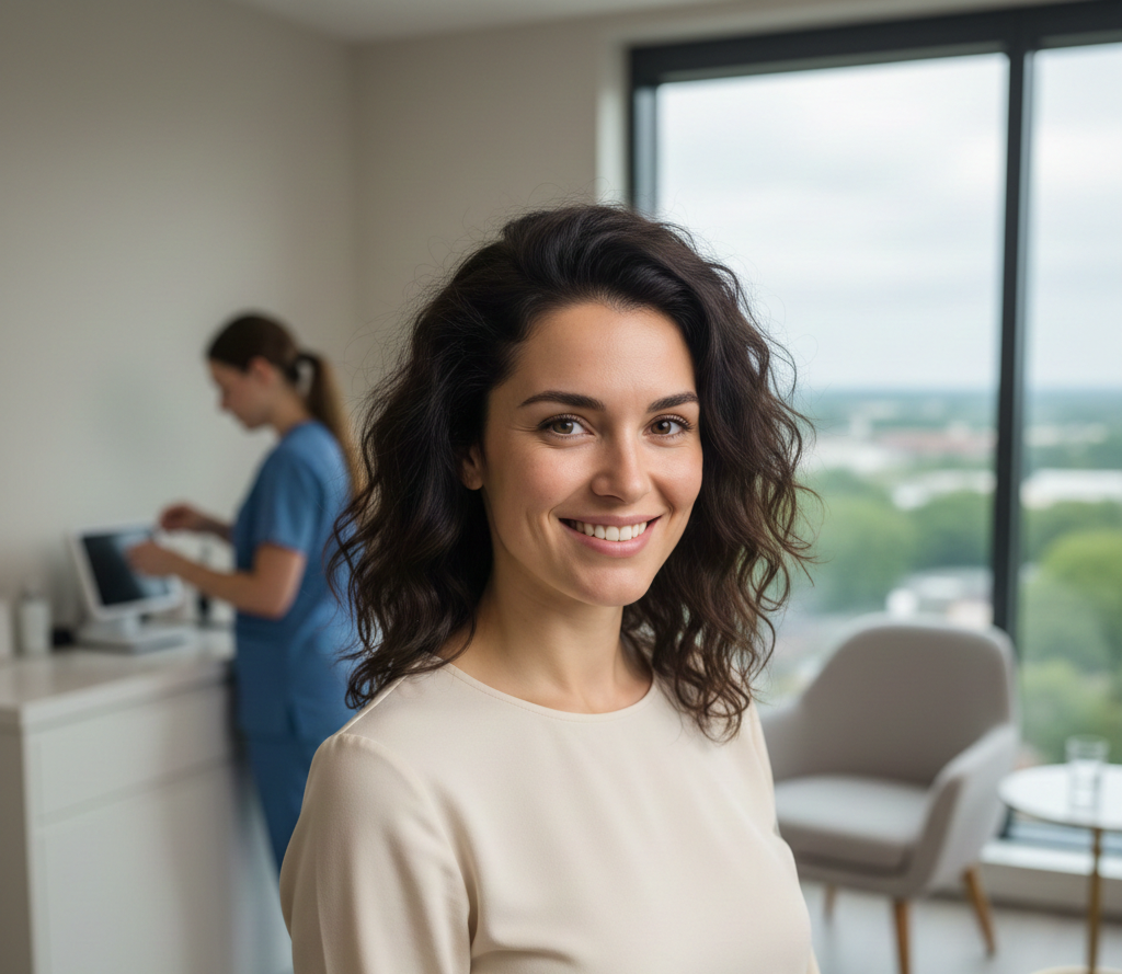 Smiling woman in beige top at a modern medical office with nurse in the background, natural light from large window
