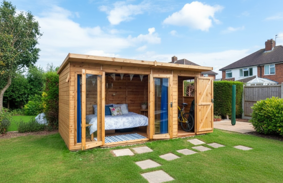 Cosy wooden garden shed with open doors, showcasing a bed and bicycle, surrounded by lush greenery and a paved path