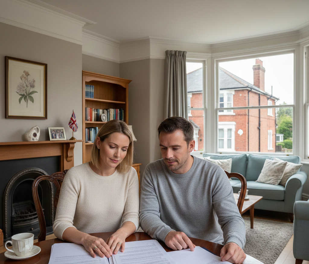 Couple reviewing documents in cosy living room of UK home during daytime, with large windows and stylish decor