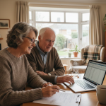Elderly couple using laptop and reviewing papers at home in cosy living room setting