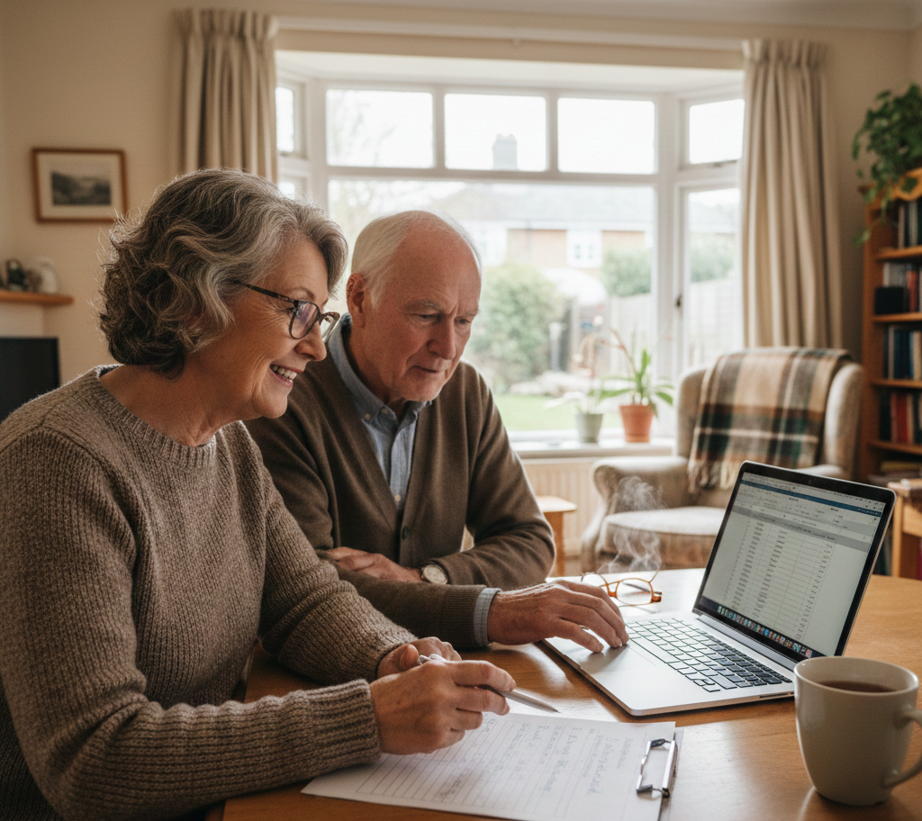 Elderly couple using laptop and reviewing papers at home in cosy living room setting