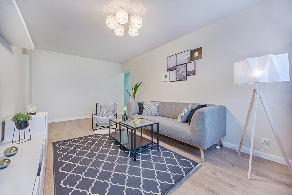 Modern living room with grey sofa, stylish rug, and wall art for a cosy and elegant home atmosphere