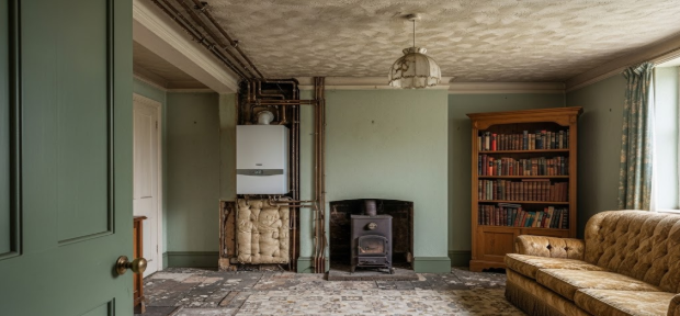 A living room showcasing a fireplace surrounded by bookshelves, offering a comfortable and welcoming space