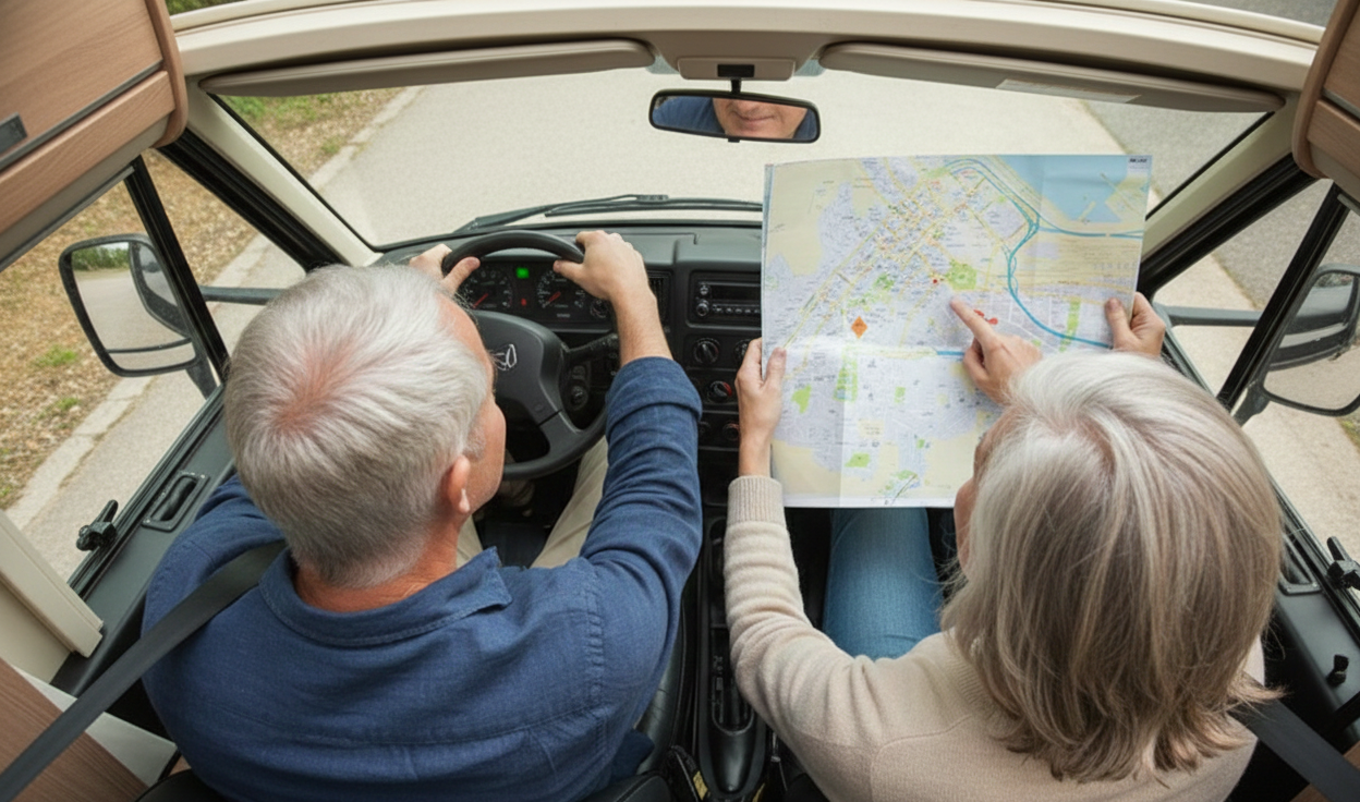 Elderly couple in motorhome with map, road trip navigation adventure