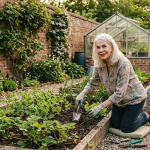 Elderly woman gardening in a lush backyard with greenhouse, cultivating plants in raised beds on a sunny day
