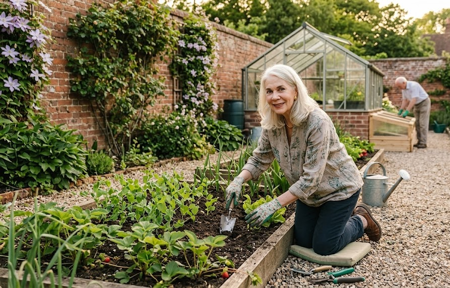 Elderly woman gardening in a lush backyard with greenhouse, cultivating plants in raised beds on a sunny day
